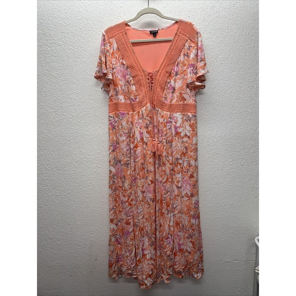 Torrid Dress Womens Coral Pink Floral Lace Up Tea Crinkle Gauze Midi Sz 1
